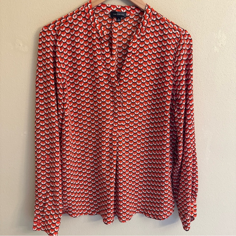 The Limited Blouse Top Fox Face Animal Print Size Large Office Unique Animal